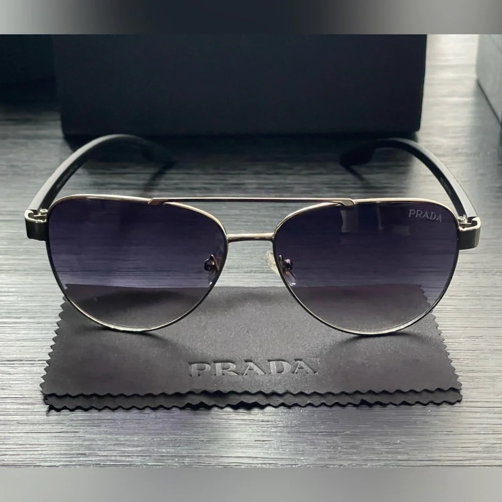 Prada Silver Aviator Sunglasses with Dark Blue and Purple Lenses